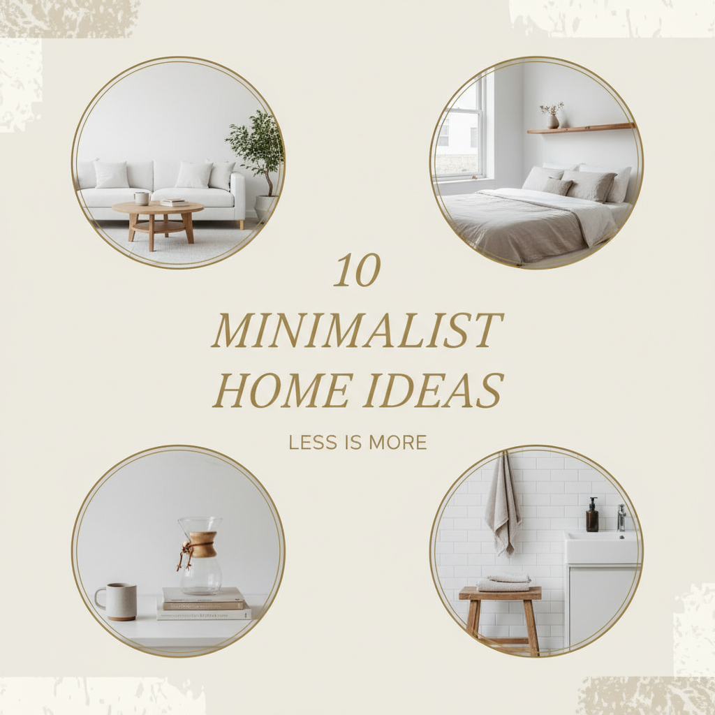 AI social media content creator output — aesthetic Pinterest pin graphic with soft pastel beige background and elegant cursive script reading 10 MINIMALIST HOME IDEAS with lifestyle photography frames