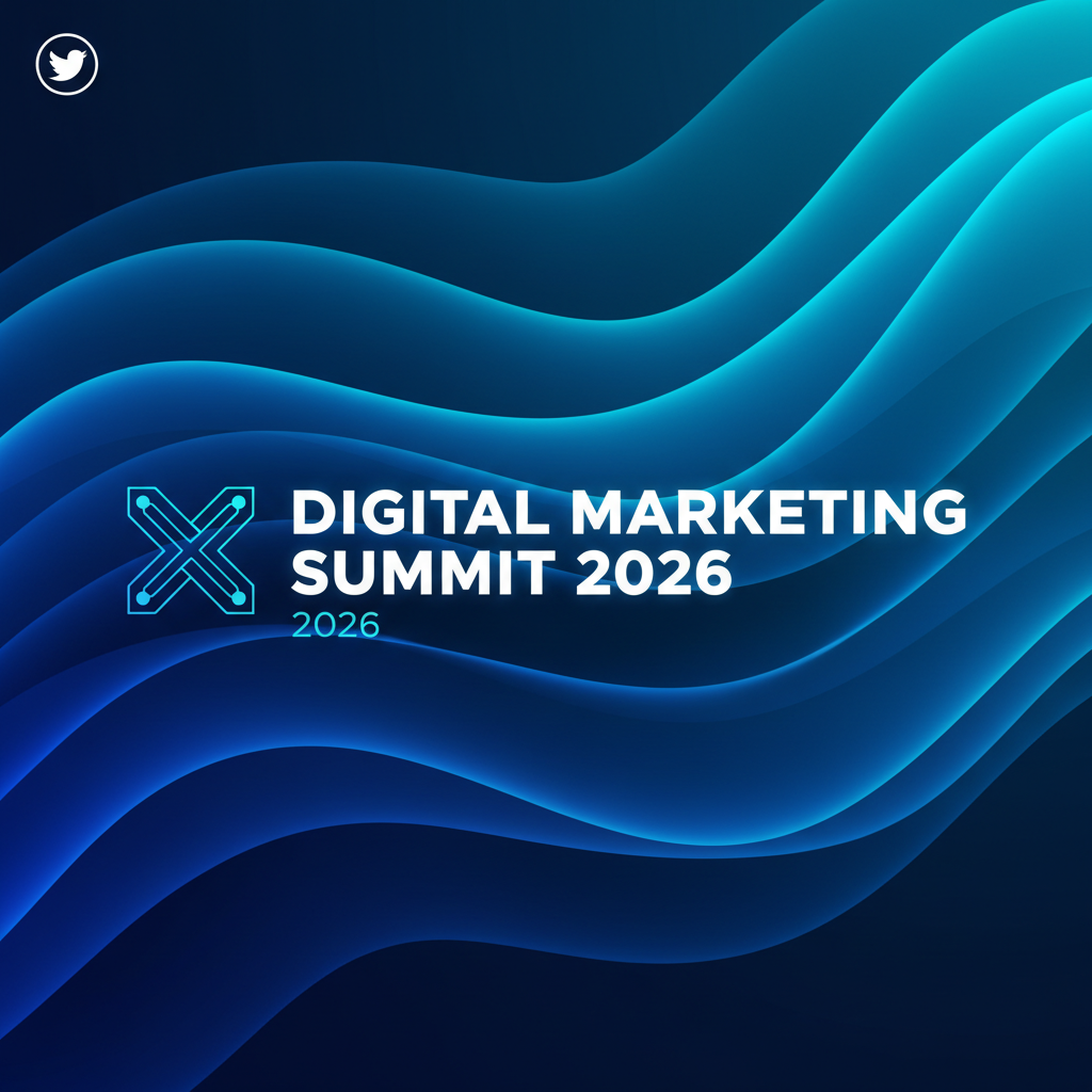 AI social media content creator output — vibrant Twitter X header banner with abstract wave pattern in deep blue and electric cyan gradient and bold typography reading DIGITAL MARKETING SUMMIT 2026