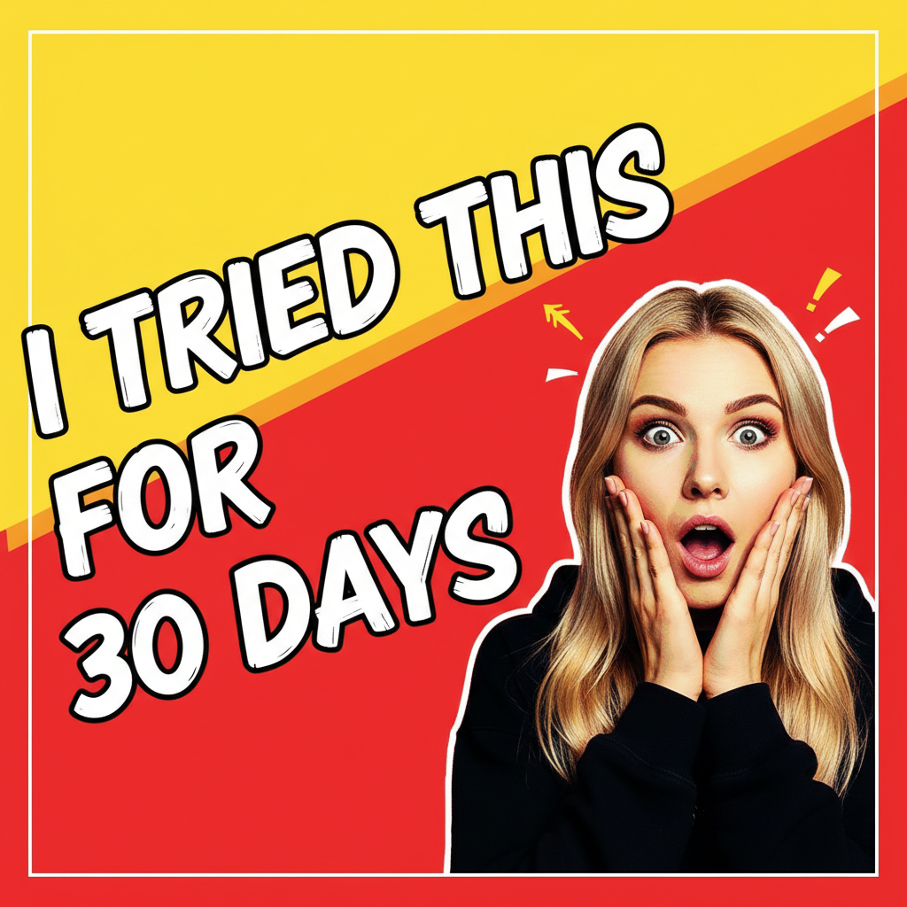 AI social media content creator output — dynamic YouTube thumbnail with high-contrast yellow and red color blocks and bold expressive typography reading I TRIED THIS FOR 30 DAYS with surprised reaction photo treatment