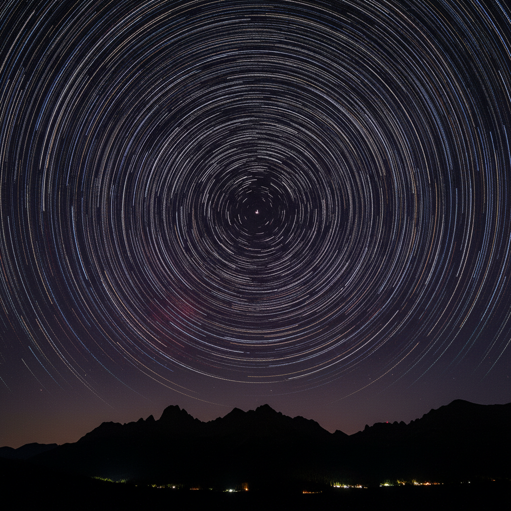 AI space-time photo editing output — swirling star trails over a mountain silhouette in a night sky