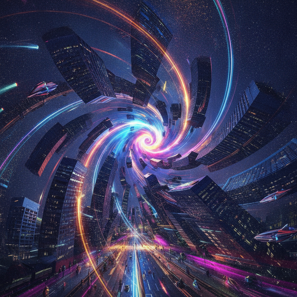 AI space-time photo editing output — a surreal warped spacetime cityscape bending into a glowing wormhole