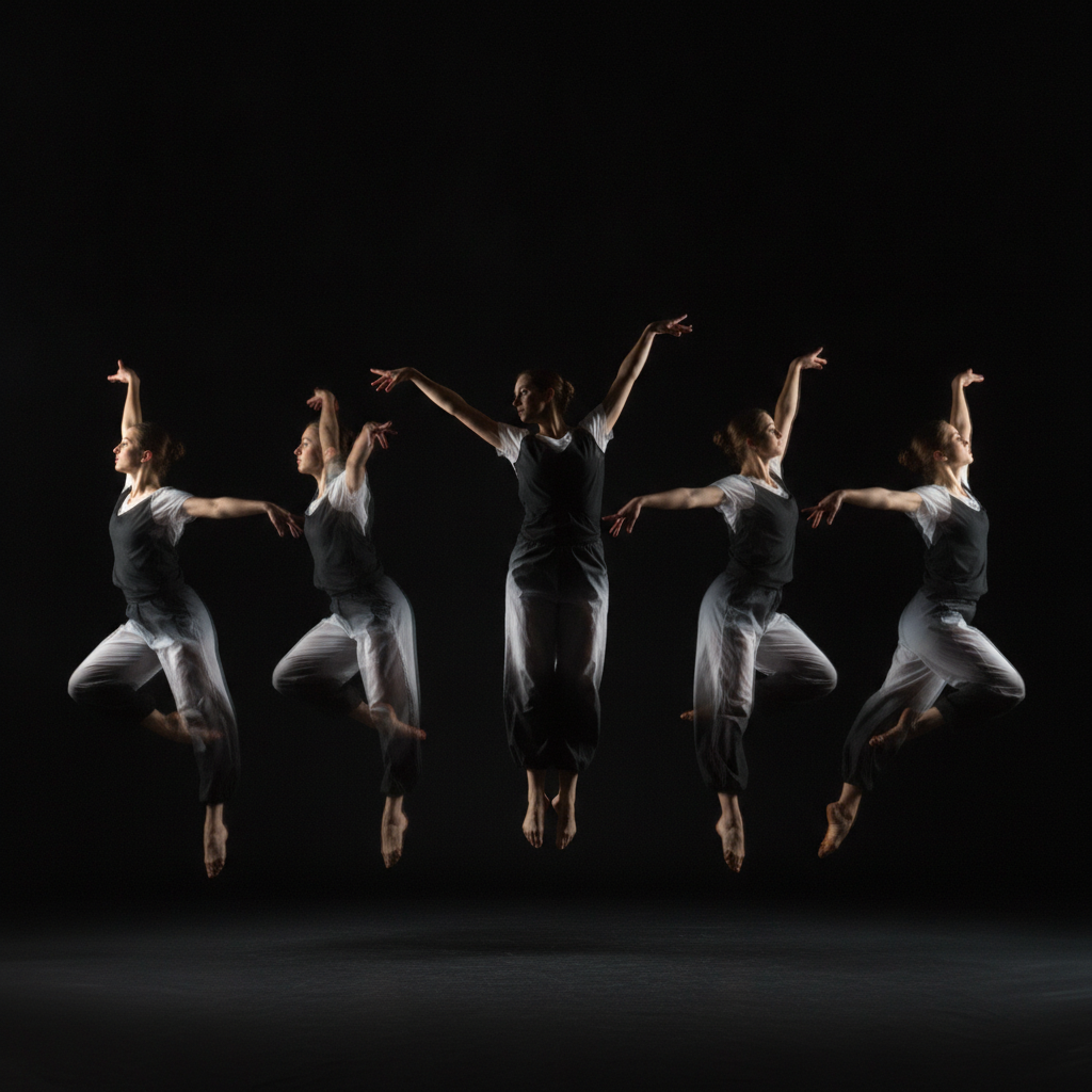 AI space-time photo editing output — a stroboscopic multiple-exposure sequence of a dancer mid-leap with fading time echoes