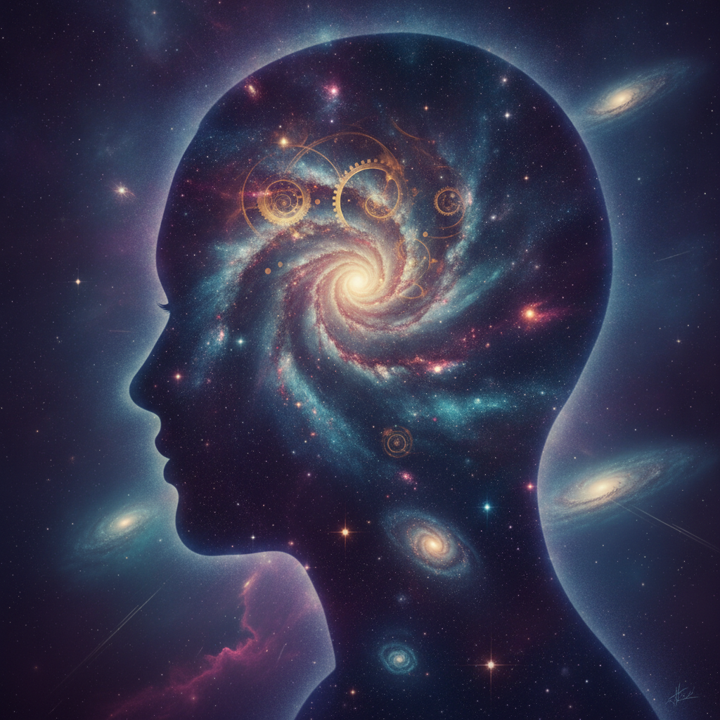 AI space-time photo editing output — a cosmic galaxy double-exposure portrait with stars and swirling time spirals