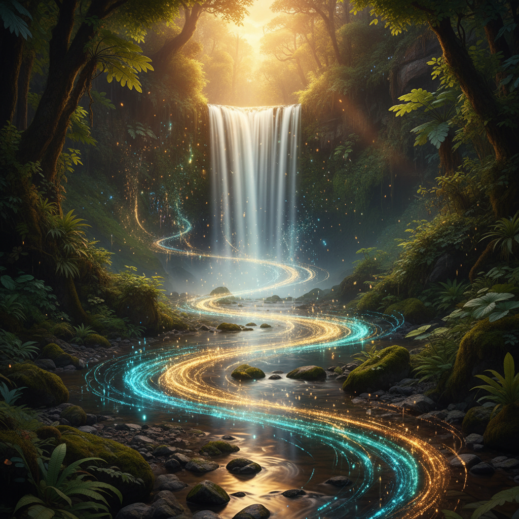 AI space-time photo editing output — a silky long-exposure waterfall turning into streams of glowing particles