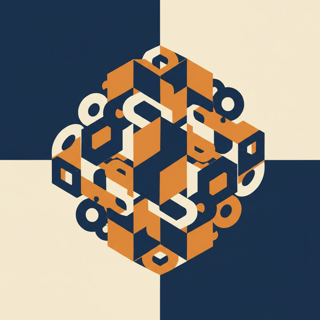 AI spec-driven art tool output — a modular geometric sculpture built from precisely repeated cubes, cylinders and rings in amber, deep navy and bone white