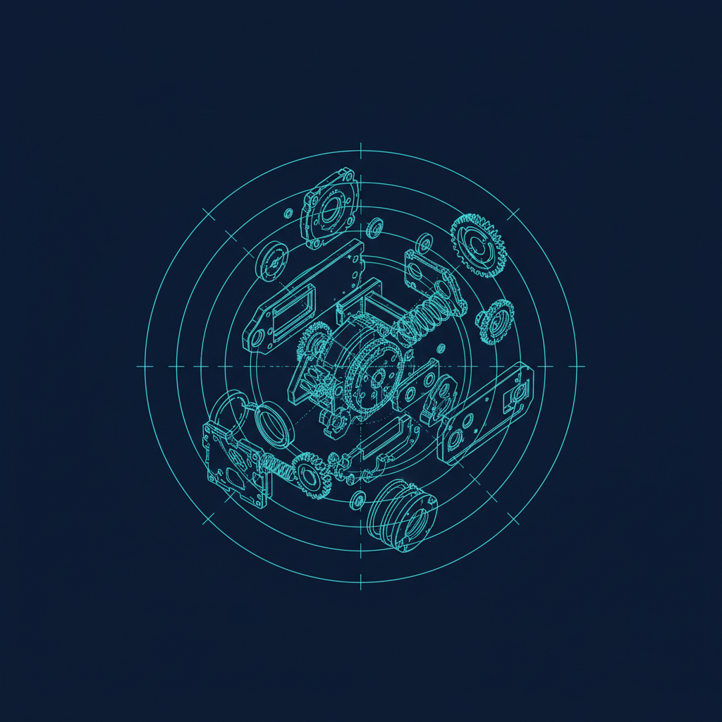 Specification-based AI art example — glowing cyan blueprint line-art exploded view of an abstract mechanical assembly on deep navy