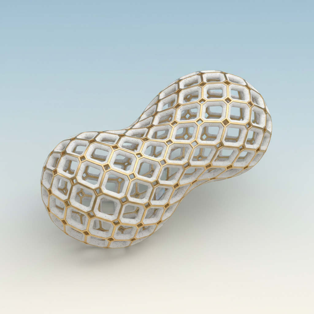 AI design parameters example — isometric 3D render of a parametric lattice structure in matte ceramic and brushed brass under soft studio light