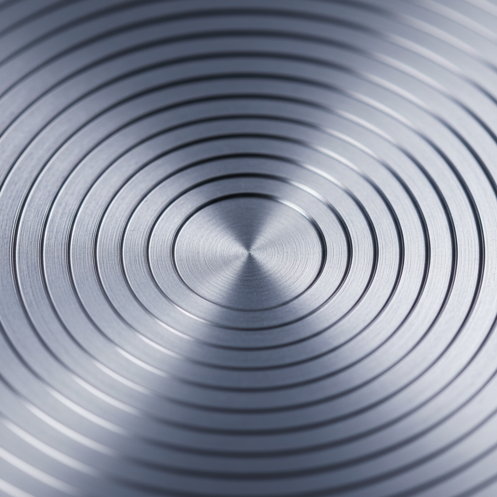 Detailed art creation example — macro photograph of a machined aluminium disc with razor-sharp concentric grooves under soft studio light