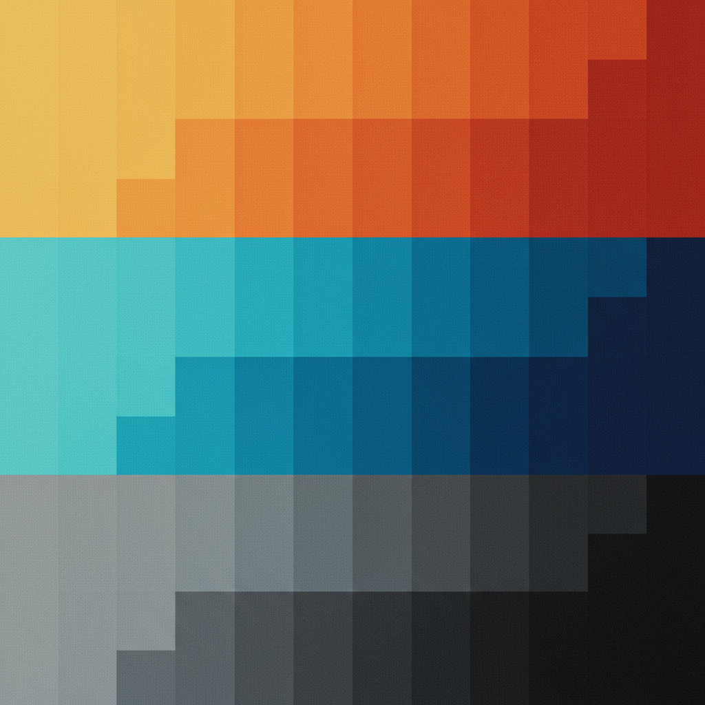 AI art customization example — flat grid of colour tiles stepping through precise tonal gradients in three bands: amber to deep red, teal to navy, and pale grey to black