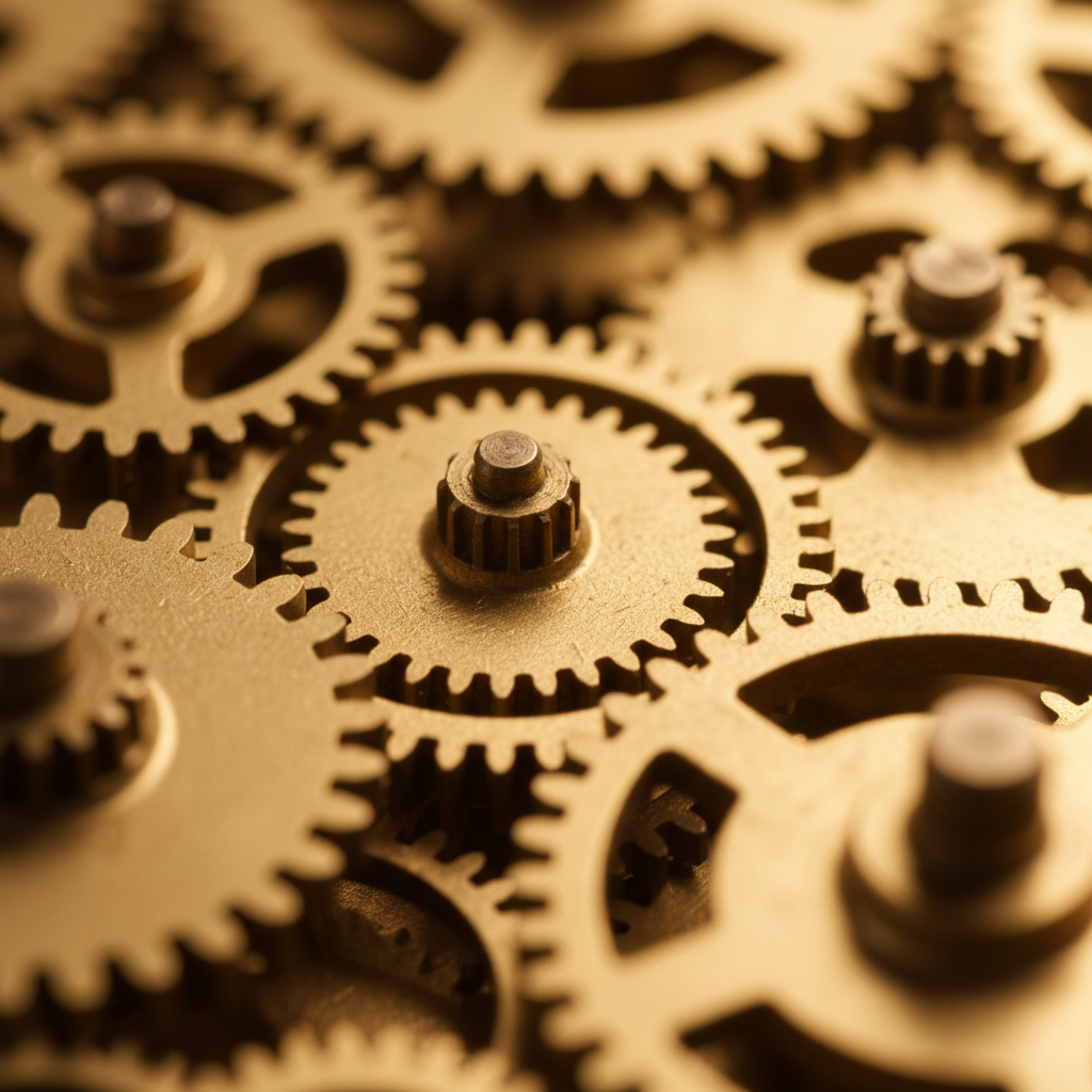 Spec art tool example — macro photograph of interlocking brass gears and precision cogs with shallow depth of field in warm studio light
