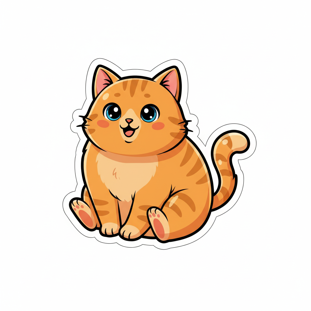 AI sticker generator result — a cute die-cut cartoon cat sticker with a clean white border