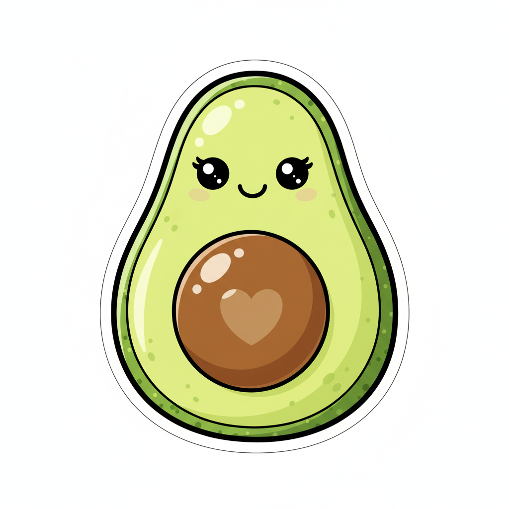 AI sticker generator result — a kawaii smiling avocado character die-cut sticker