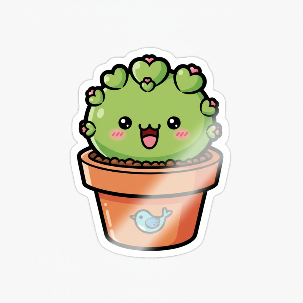 AI sticker generator result — a cute smiling potted succulent plant die-cut sticker