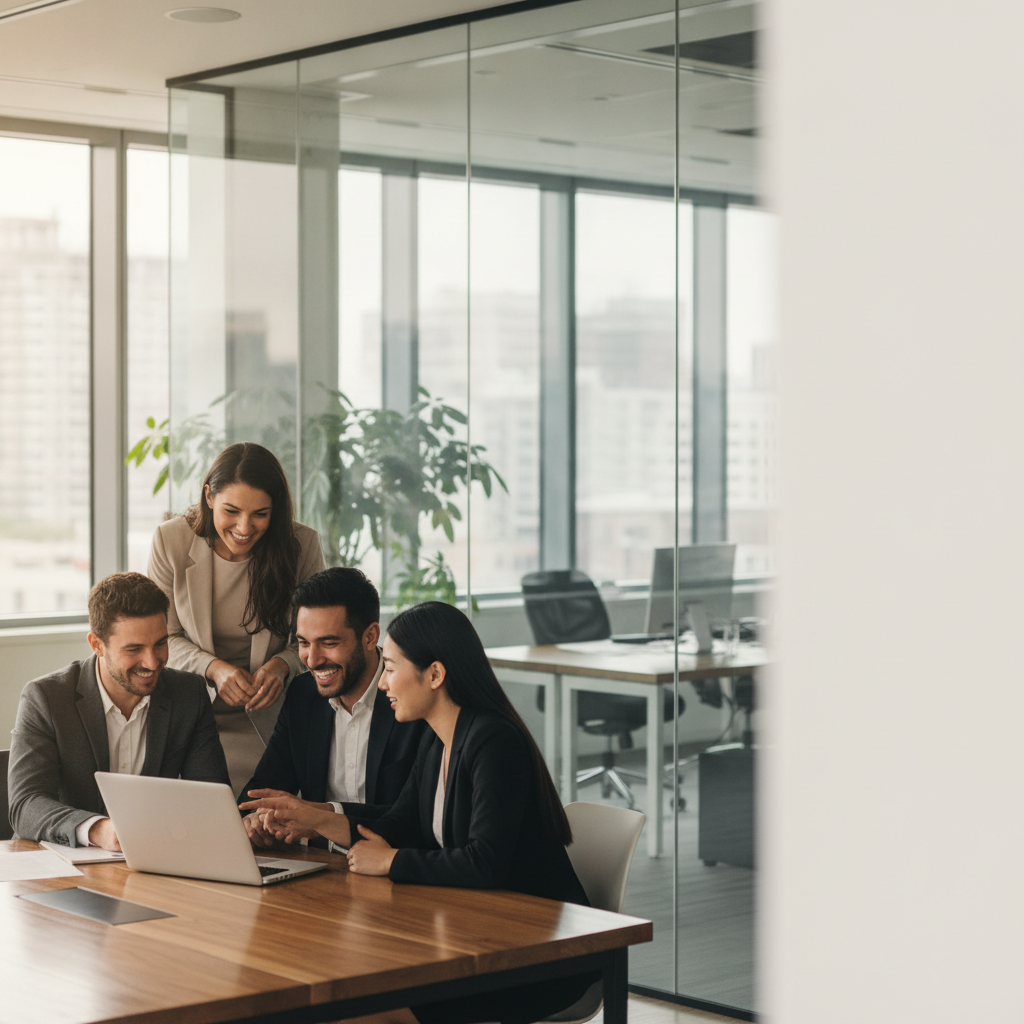 AI stock photo of a diverse team collaborating around a laptop in a bright modern office