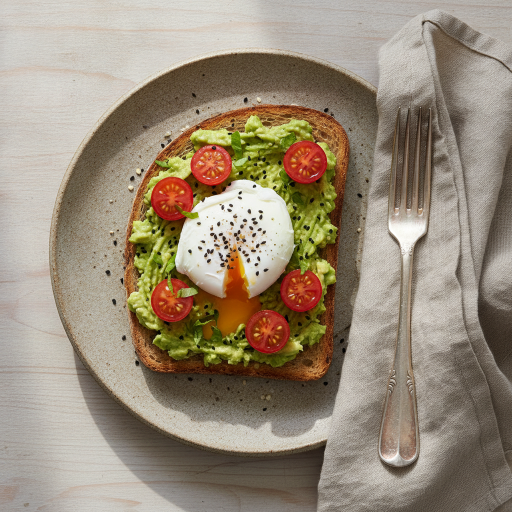 AI stock photo of avocado toast with poached egg shot from overhead on a rustic plate
