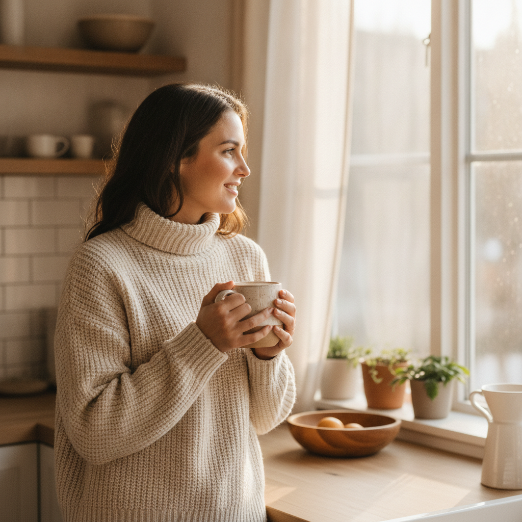 AI stock photo of a woman holding a coffee mug beside a sunlit kitchen window