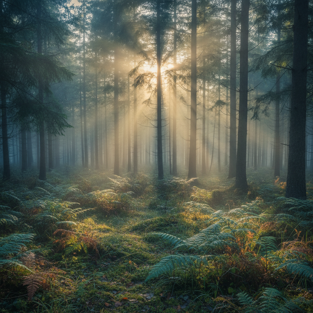 AI stock photo of a misty pine forest at sunrise with light rays through the trees
