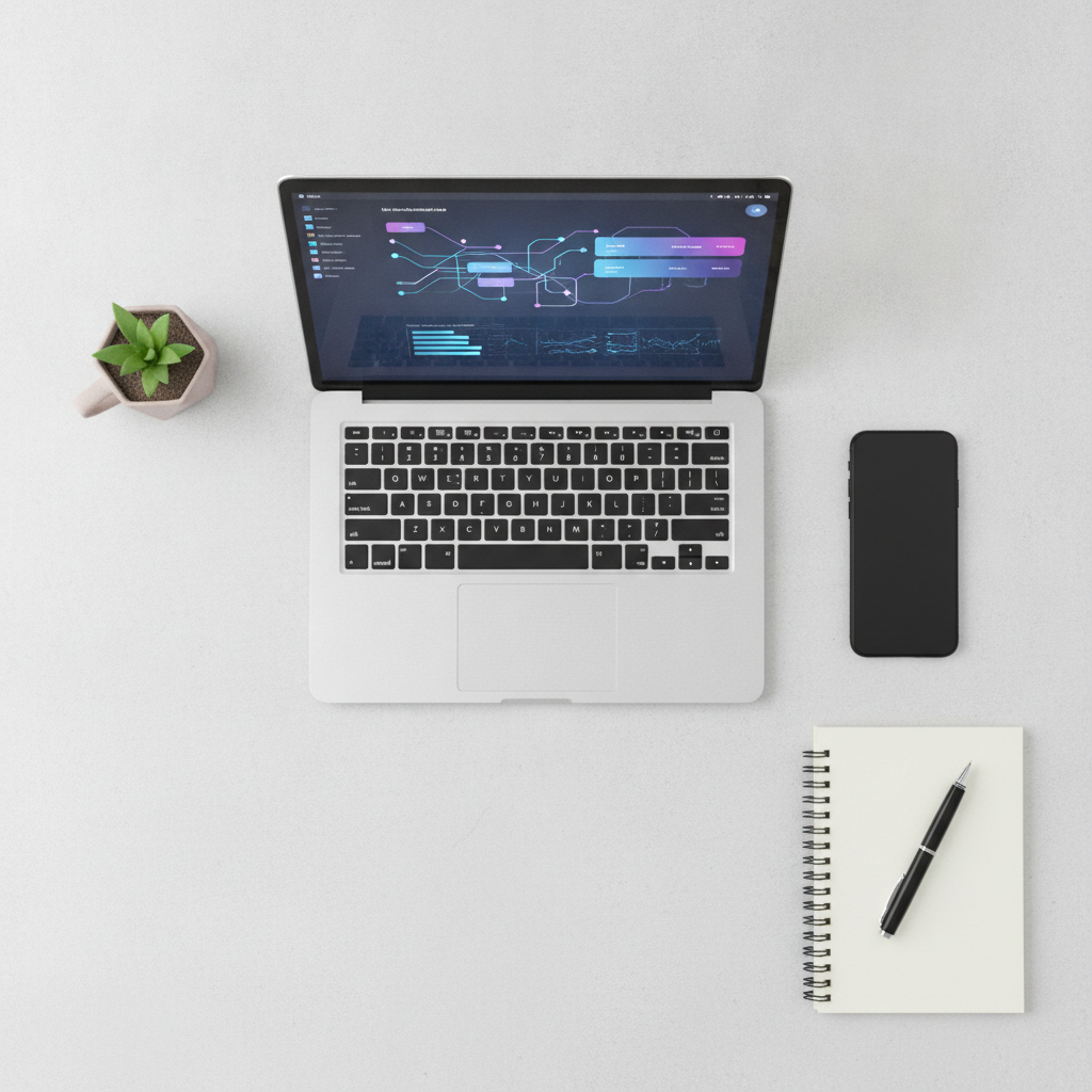 AI stock photo of a clean desk flat lay with a laptop, phone and notebook on a grey surface