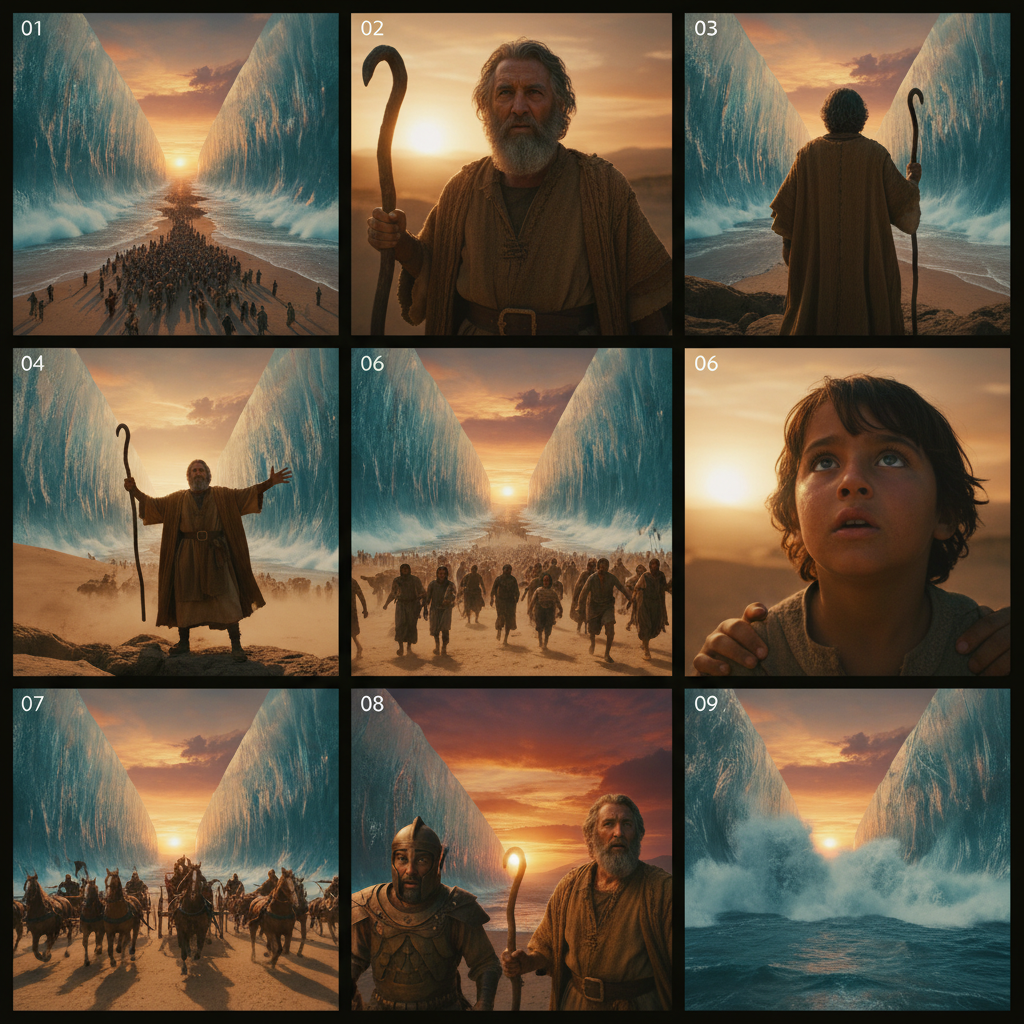 AI cinematic storyboard 3x3 grid of 9 film frames depicting a biblical epic scene of Moses parting the Red Sea — locked character consistency, teal-and-orange grade, generated by GPT Image 2 Pro