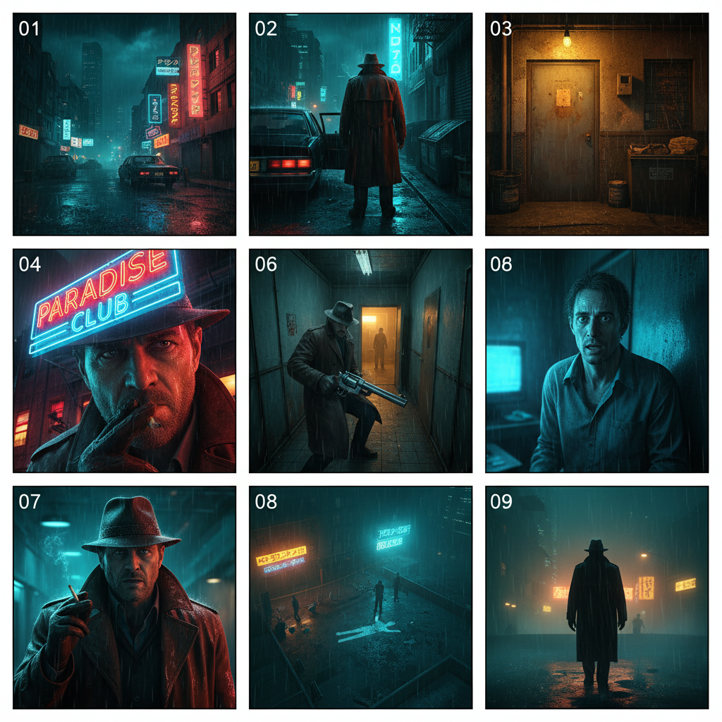 AI cinematic storyboard 3x3 grid of 9 panels for a neo-noir detective thriller in a rain-soaked neon city — consistent trench-coat lead, cyan-and-amber colour grade, generated by GPT Image 2