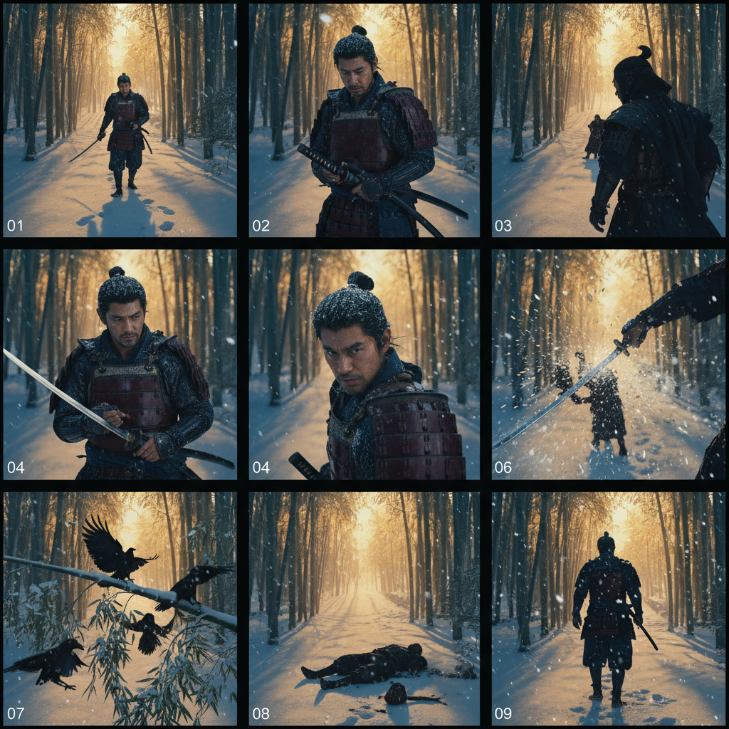 AI cinematic storyboard 3x3 grid of 9 panels for a feudal Japan samurai duel in a snowy bamboo forest at golden hour — consistent armoured samurai, warm-cold grade, GPT Image 2 output