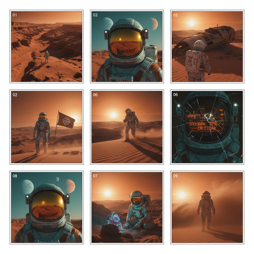 AI cinematic storyboard 3x3 grid of 9 film frames for a sci-fi astronaut mission on an alien red-desert planet — consistent spacesuit hero, twin moons, rust-orange grade, GPT Image 2 output