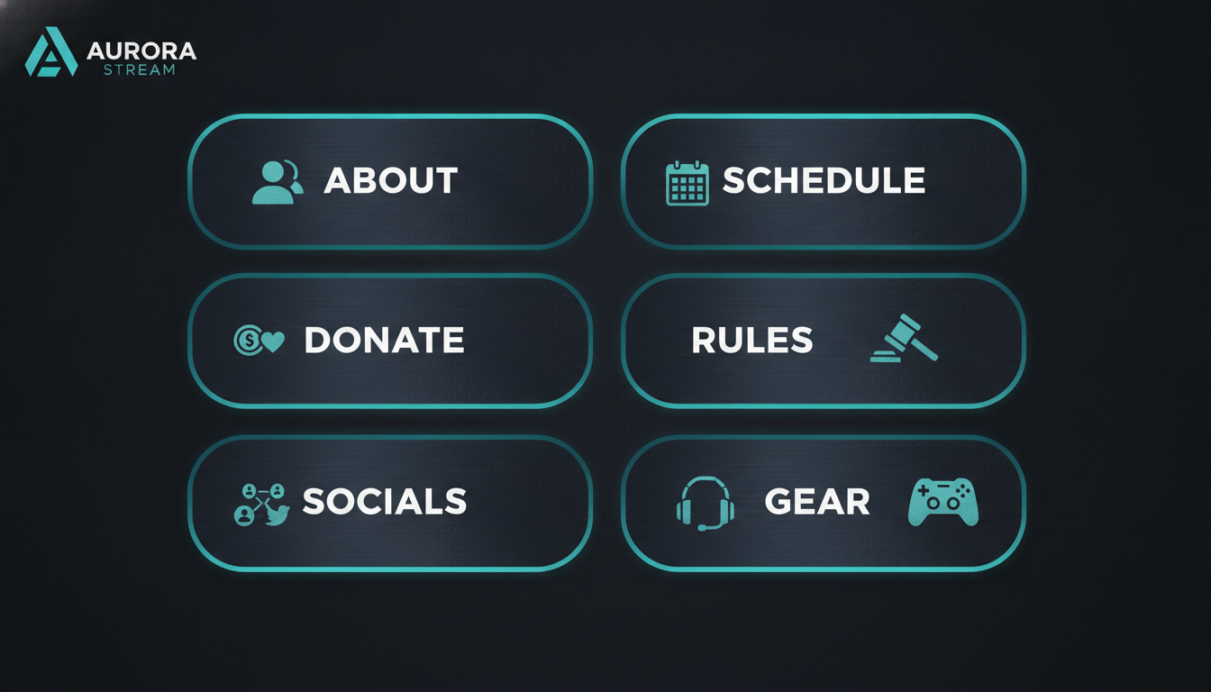 AI twitch panel maker example — six dark slate channel panels in a two by three grid reading About, Schedule, Donate, Rules, Socials and Gear with teal gradient edges