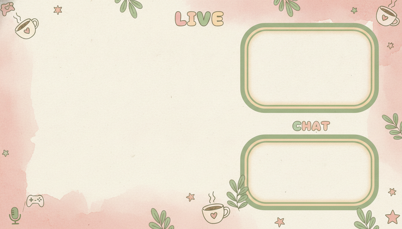 AI twitch overlay maker example — a cosy pastel scene in cream and blush with sage outlined webcam and chat frames and small hand drawn plants and coffee cups