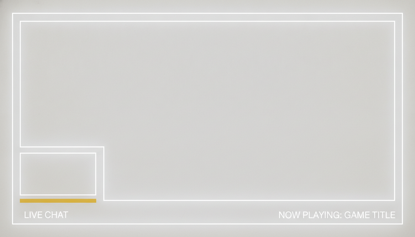 AI youtube live overlay example — a minimal warm grey layout with thin white frame lines, a webcam area lower left, a slim information bar and a mustard accent stripe