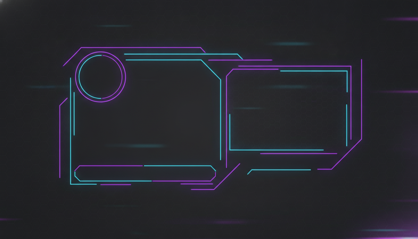 AI stream overlay generator example — a dark charcoal Twitch overlay with glowing neon purple and cyan frame edges, a webcam window upper left, a chat panel outline and a lower third name bar