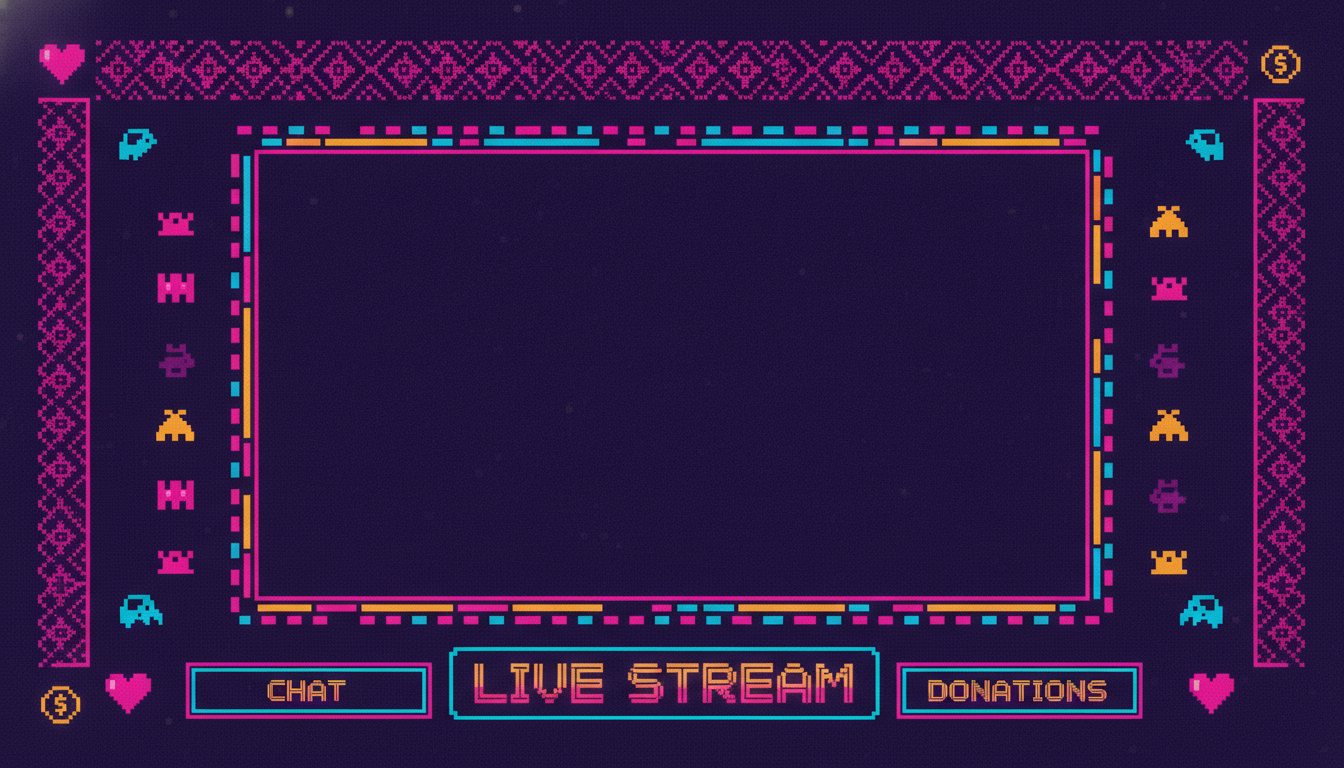 AI stream graphics generator example — a retro arcade overlay in deep indigo with magenta and amber pixel art borders, scanlines and a chunky pixel font label bar