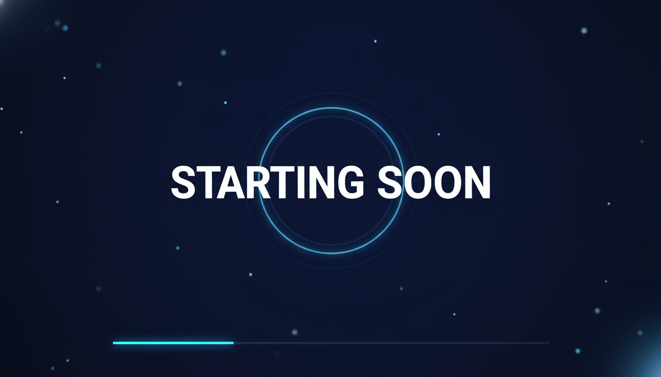AI starting soon screen generator example — a moody dark blue holding screen with bold white STARTING SOON lettering, a glowing ring motif and a thin progress bar