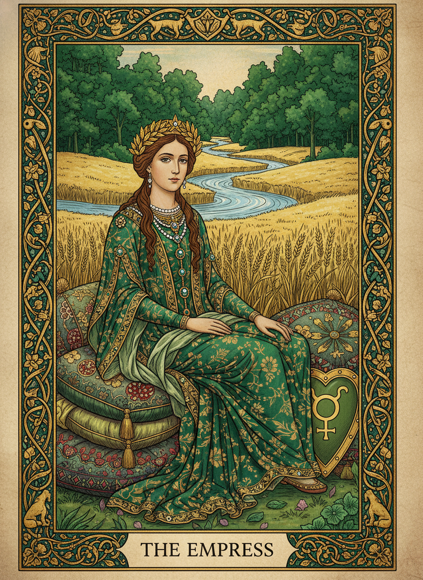 AI tarot card of The Empress, a regal crowned figure in a lush wheat field