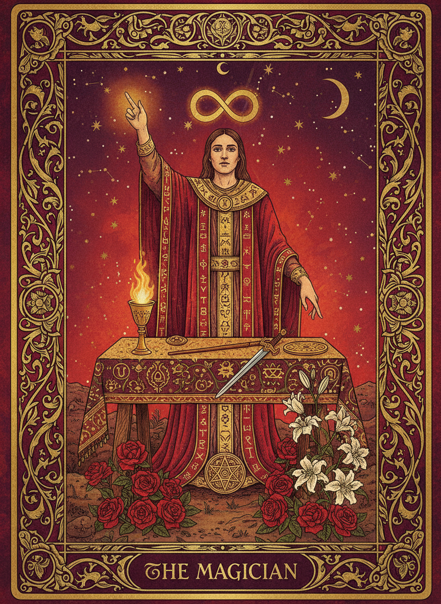 AI tarot card of The Magician with an infinity symbol and the four suit tools