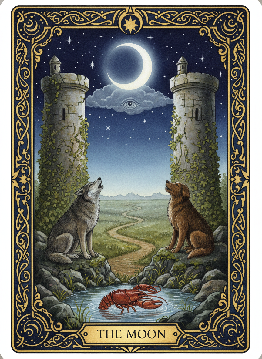 AI tarot card of The Moon with twin towers and a starry indigo sky