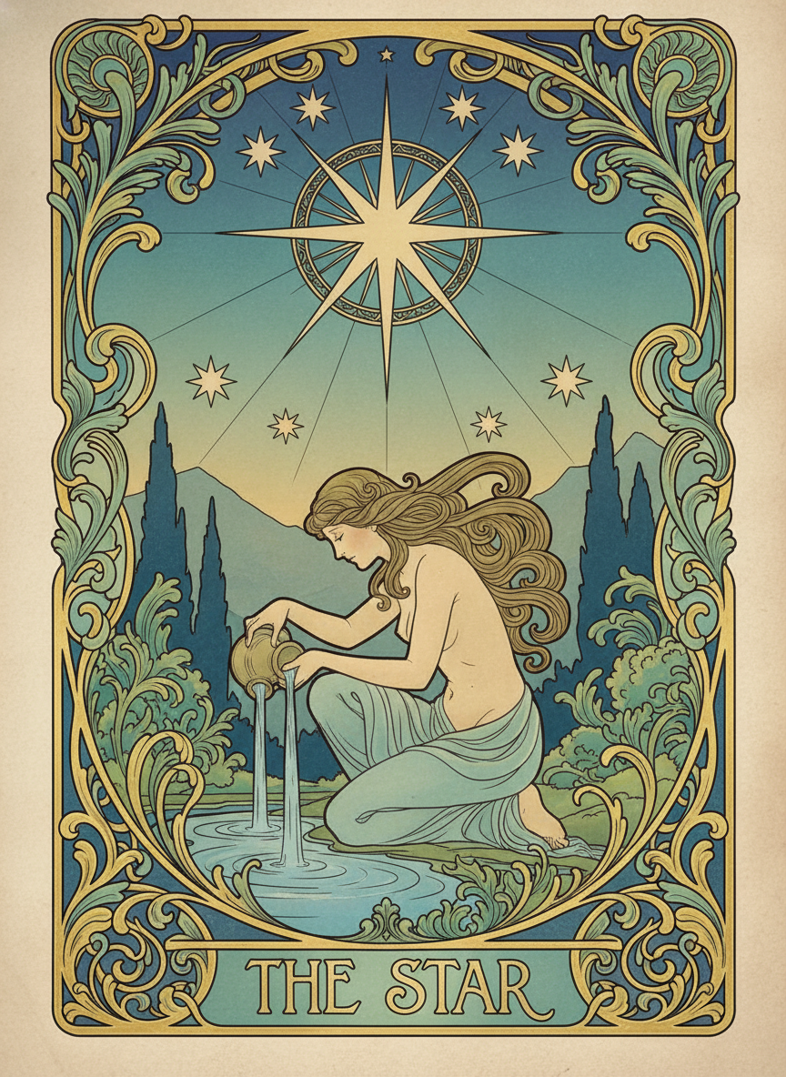 AI tarot card of The Star with a serene figure pouring water under the constellations