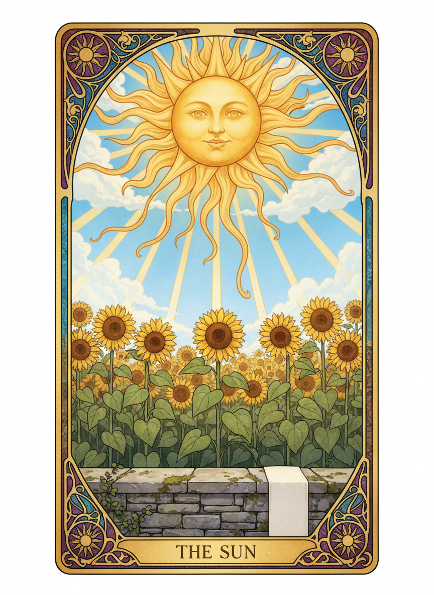 AI tarot card of The Sun with a radiant golden sun and a gilded ornamental border