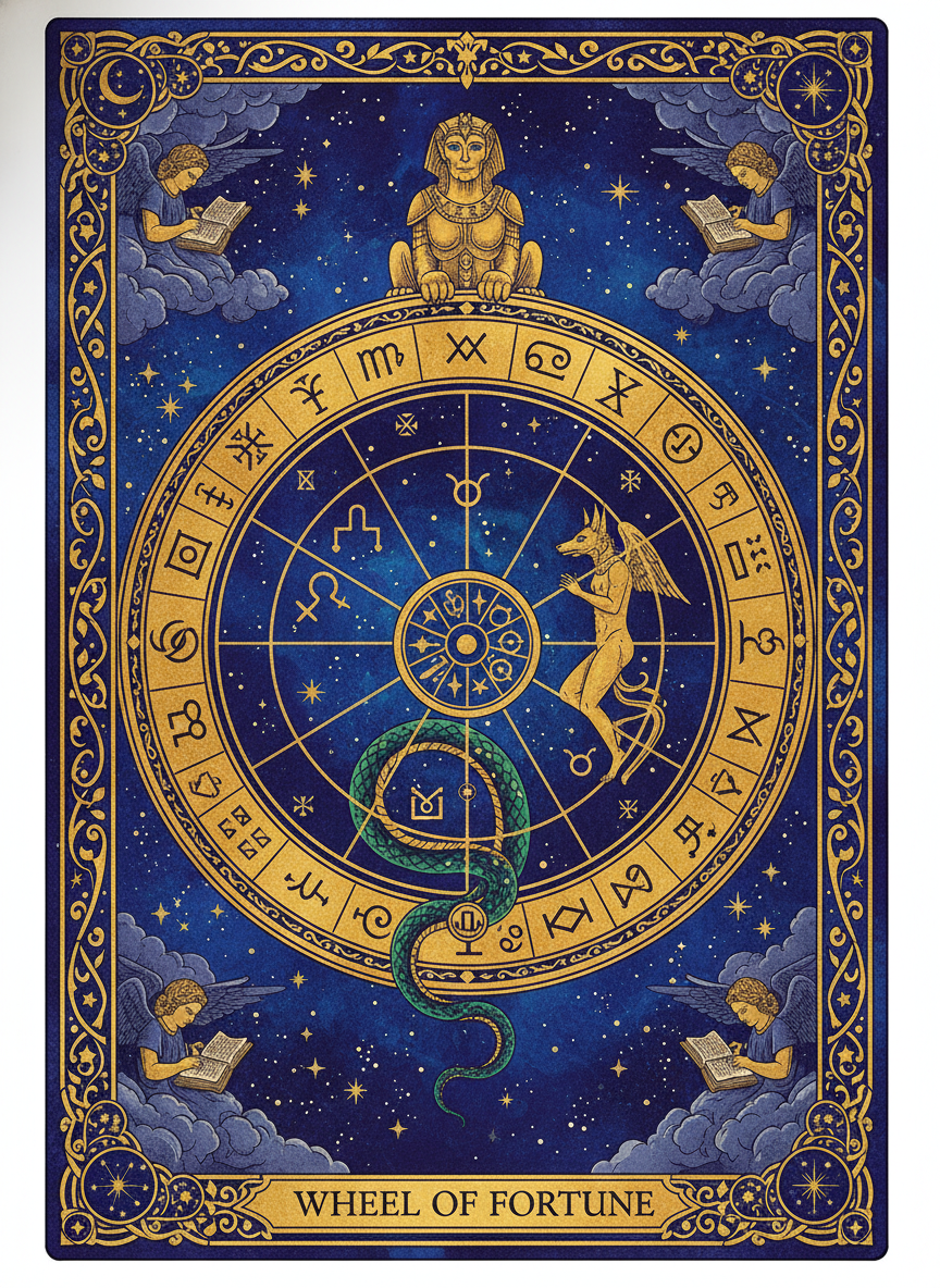 AI tarot card of the Wheel of Fortune with a golden wheel and a resting sphinx