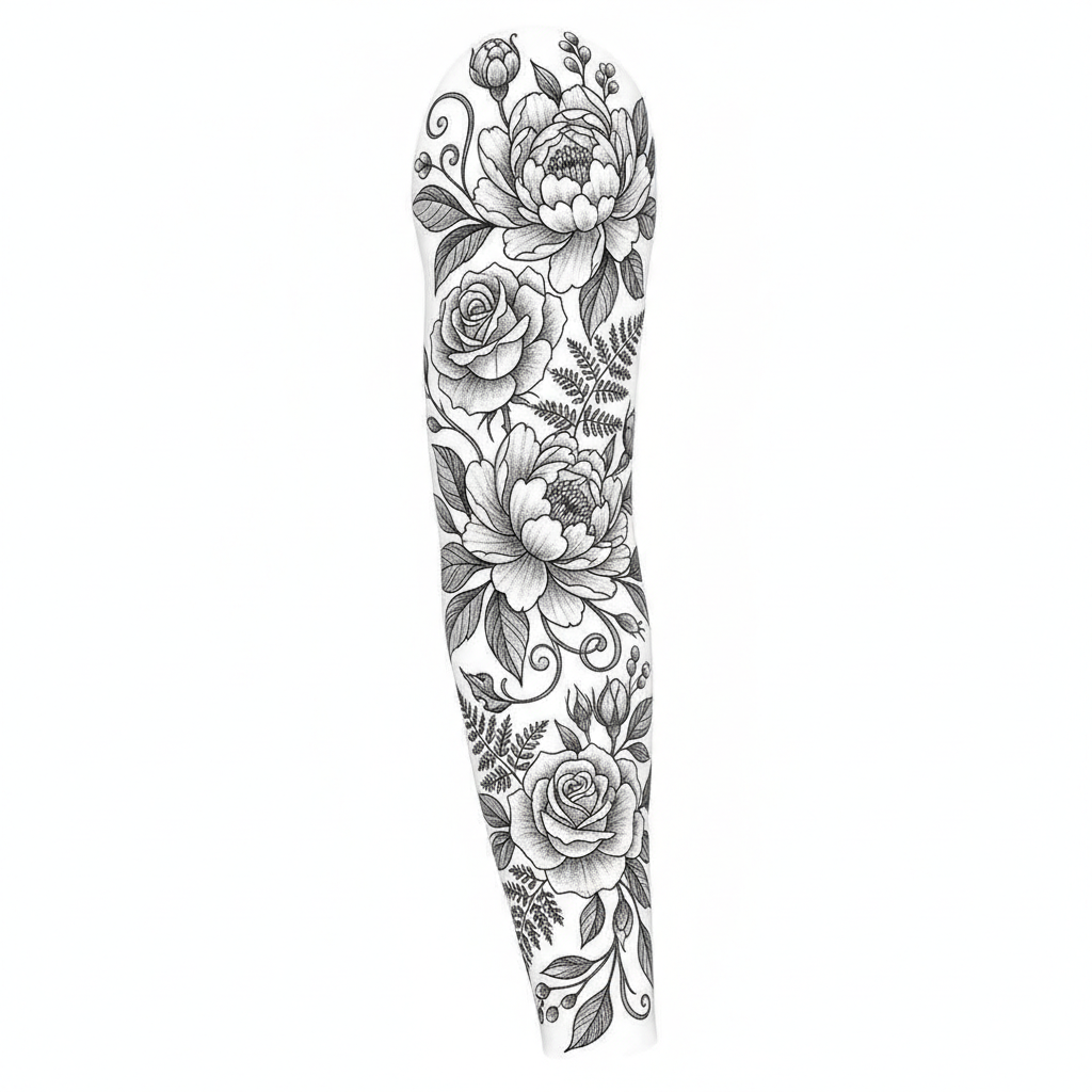AI tattoo generator result — a botanical floral sleeve tattoo design with peonies and roses