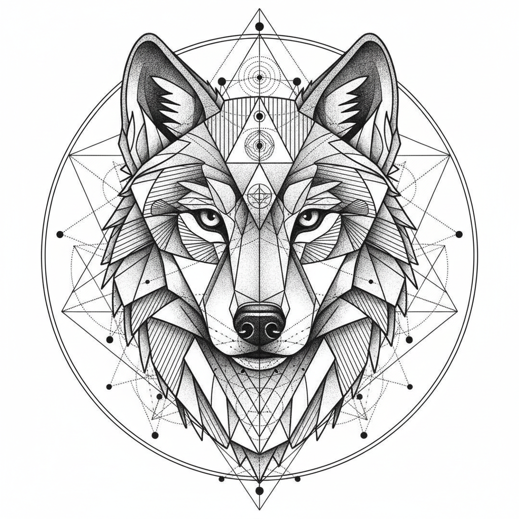 AI tattoo generator result — a geometric blackwork wolf head tattoo design with dotwork