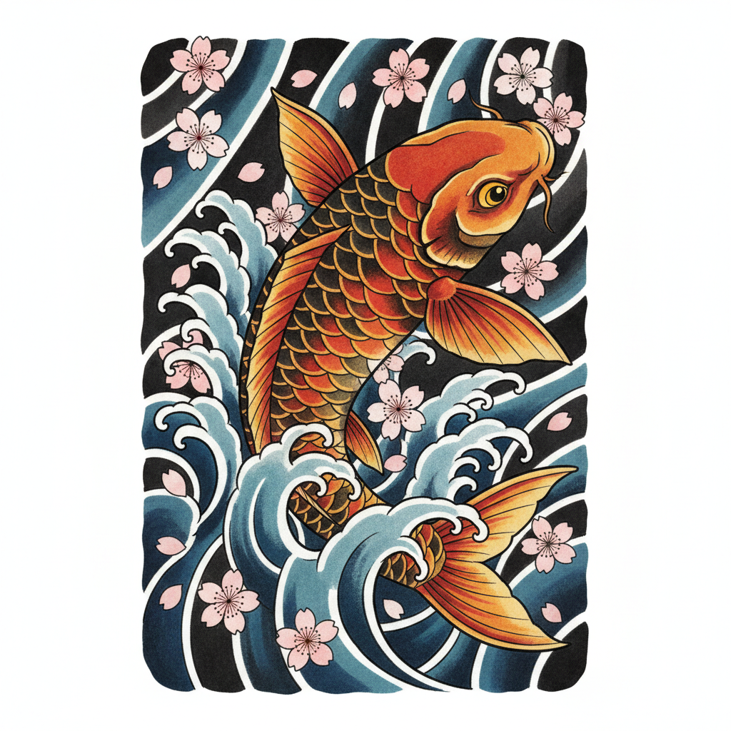 AI tattoo generator result — a Japanese irezumi koi fish and cherry blossom tattoo design