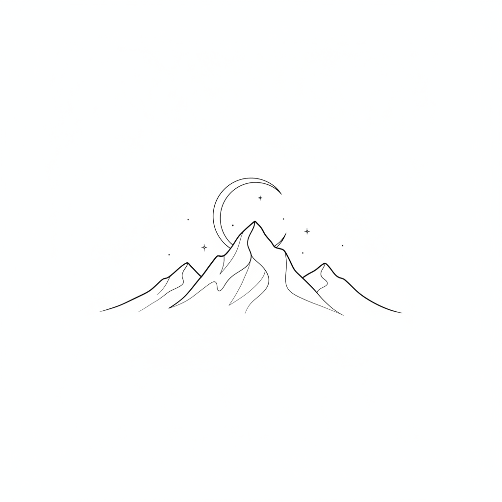 AI tattoo generator result — a minimalist fine-line mountain and crescent moon tattoo design