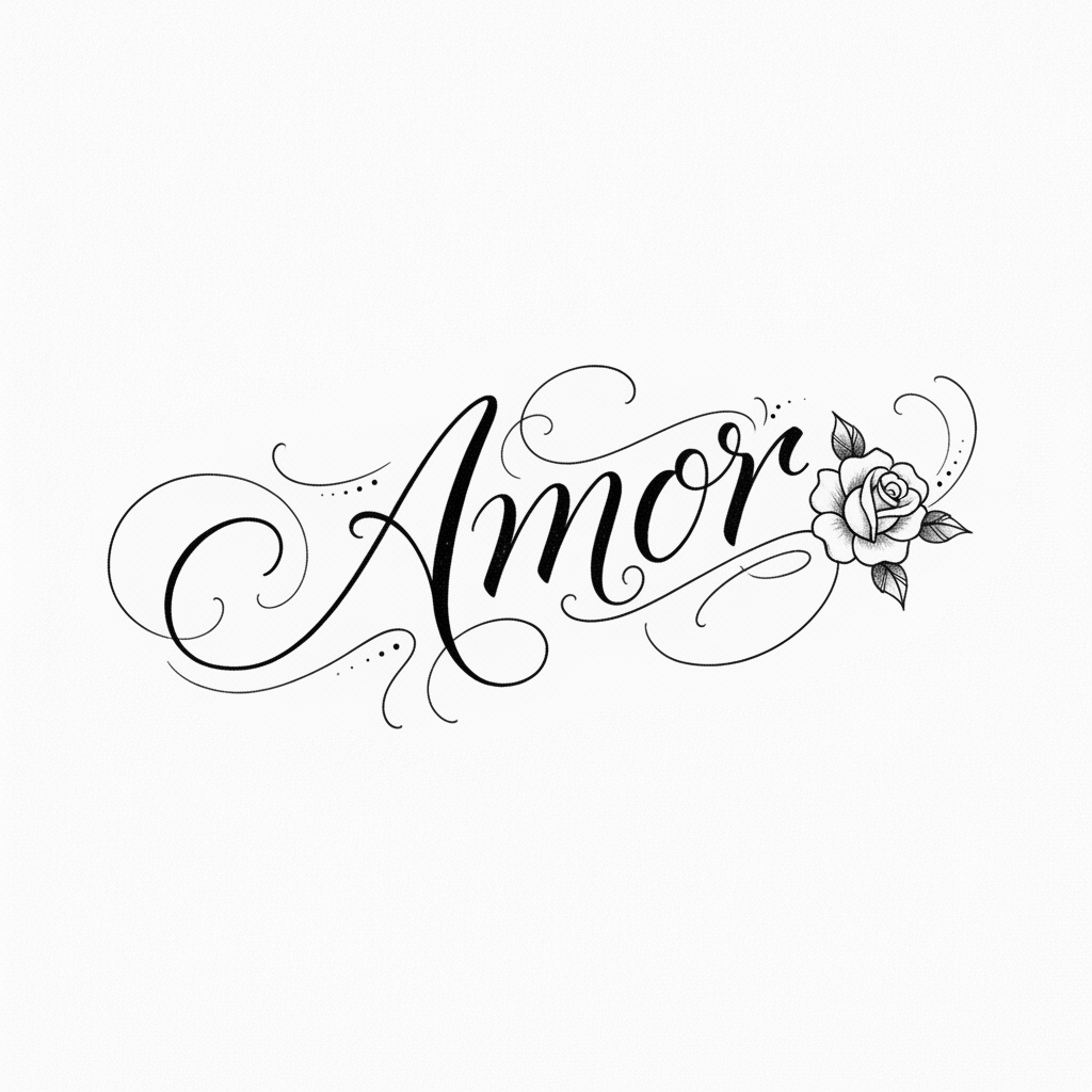 AI tattoo generator result — an elegant script lettering tattoo design with a rose accent