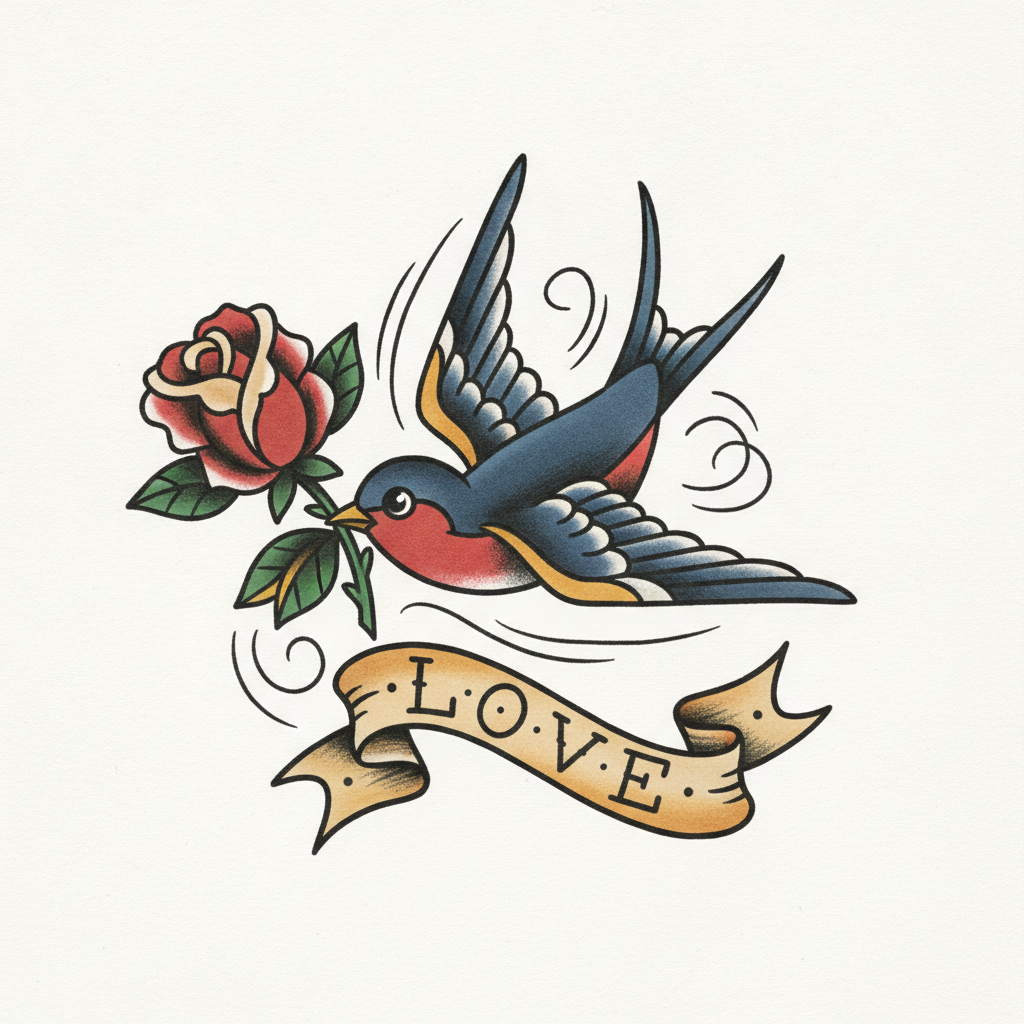 AI tattoo generator result — an American traditional swallow and rose tattoo design