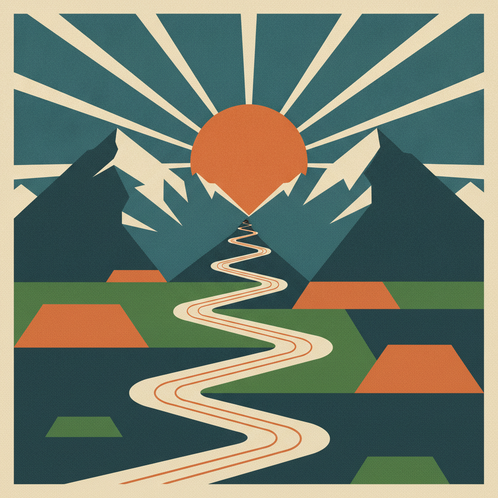 Flat vector poster illustration of a mountain valley at sunset in a retro screenprint palette of teal, forest green, burnt orange and cream