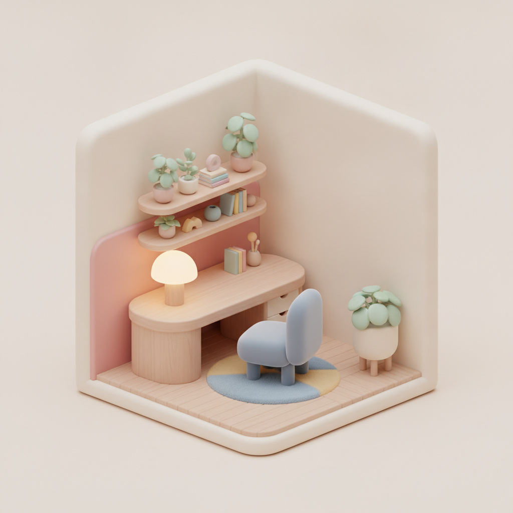 Isometric 3D render of a tiny cosy studio workspace with a desk, lamp, shelves and potted plants in a soft pastel palette