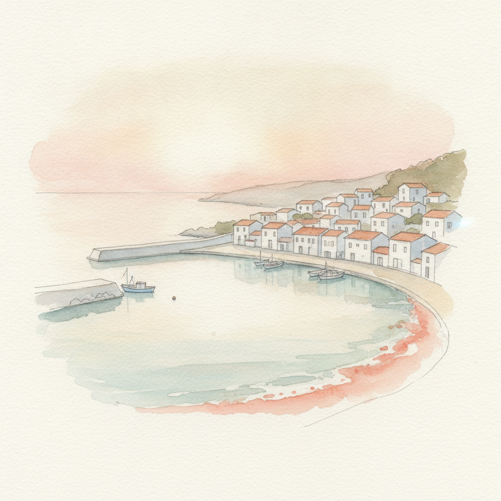 Loose watercolour illustration of a quiet coastal village at dawn with whitewashed houses above a calm harbour, painted in muted coral and seafoam washes
