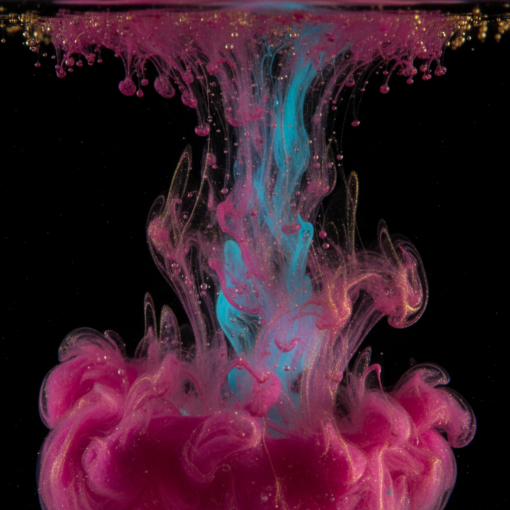 High speed macro photograph of magenta, cyan and gold ink blooming through clear water against a deep black background