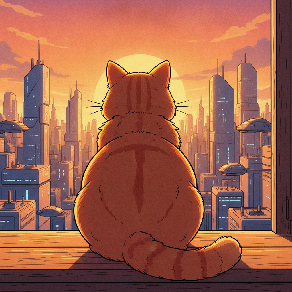Cel-shaded anime illustration of a ginger cat sitting on a windowsill looking out over a city skyline at golden hour