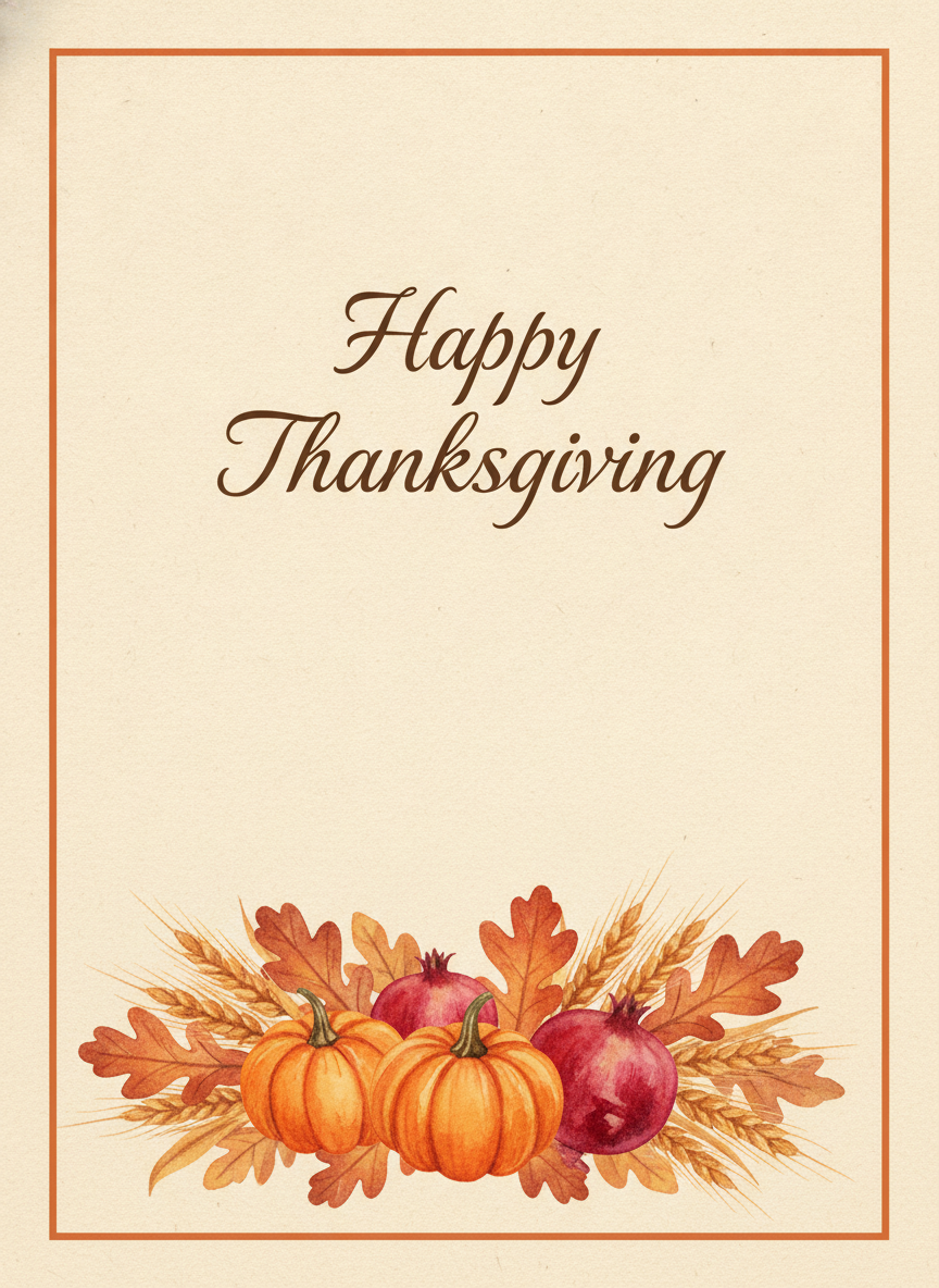 AI Thanksgiving card generator example — a cream textured card with a burnt orange border reading Happy Thanksgiving in flowing dark brown calligraphy above a watercolour harvest arrangement of small orange pumpkins, golden wheat, rust oak leaves and pomegranates
